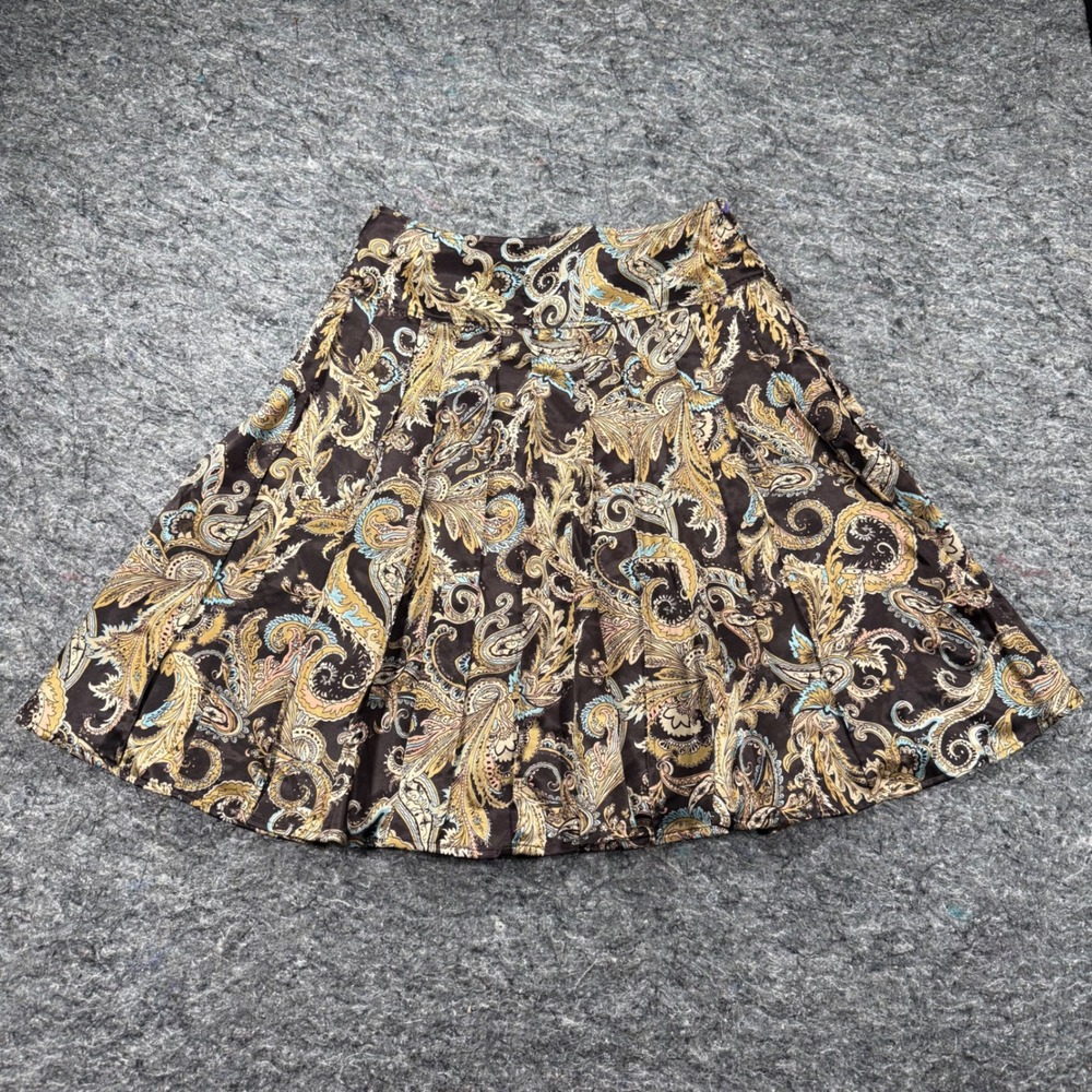 Worthington Brown Paisley Satin Pleated A-Line Skirt Size 8 Lined Knee Length
